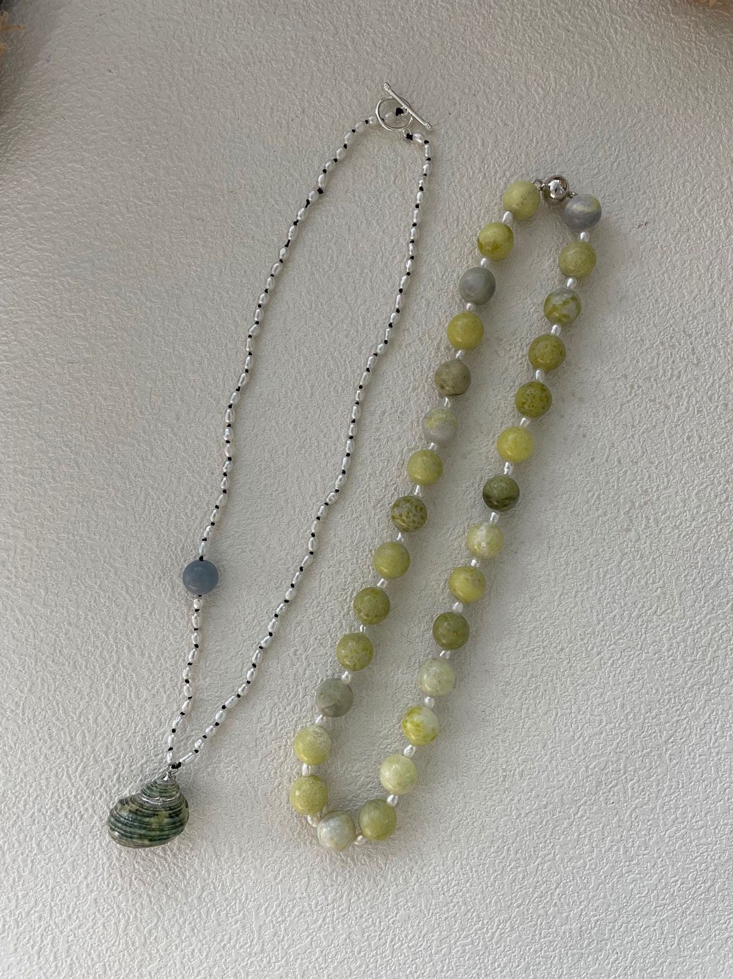 Natural Sea Shell & Blue Chalcedony Necklace – Handmade Seed Pearl Jewelry, Coastal Boho Style