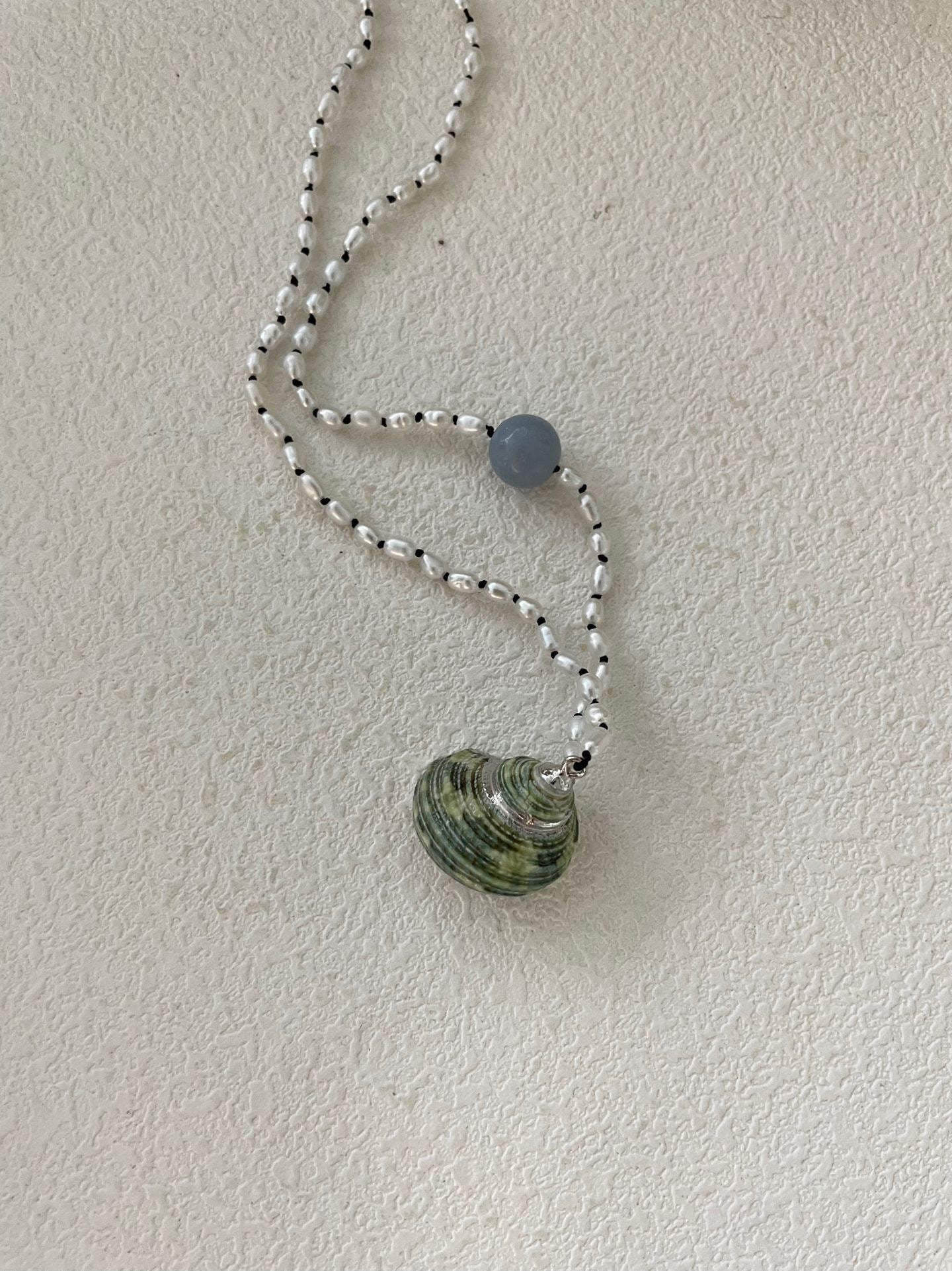 Natural Sea Shell & Blue Chalcedony Necklace – Handmade Seed Pearl Jewelry, Coastal Boho Style
