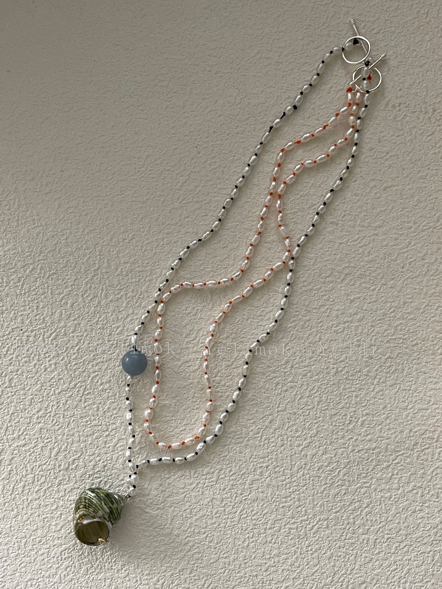Natural Sea Shell & Blue Chalcedony Necklace – Handmade Seed Pearl Jewelry, Coastal Boho Style