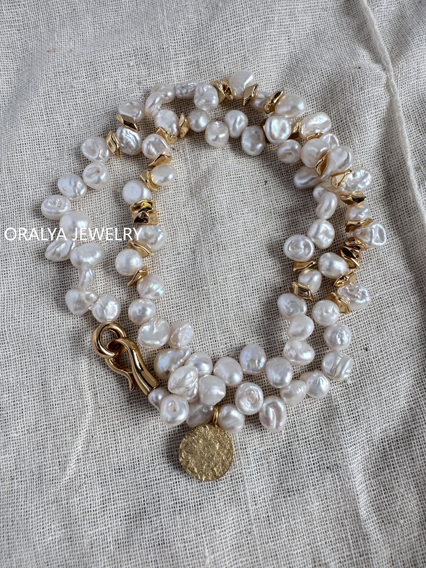 18K Gold Vermeil freshwarter Keshi Pearl Necklace with Copper Plates – 16.5 inches Chain, No Extender