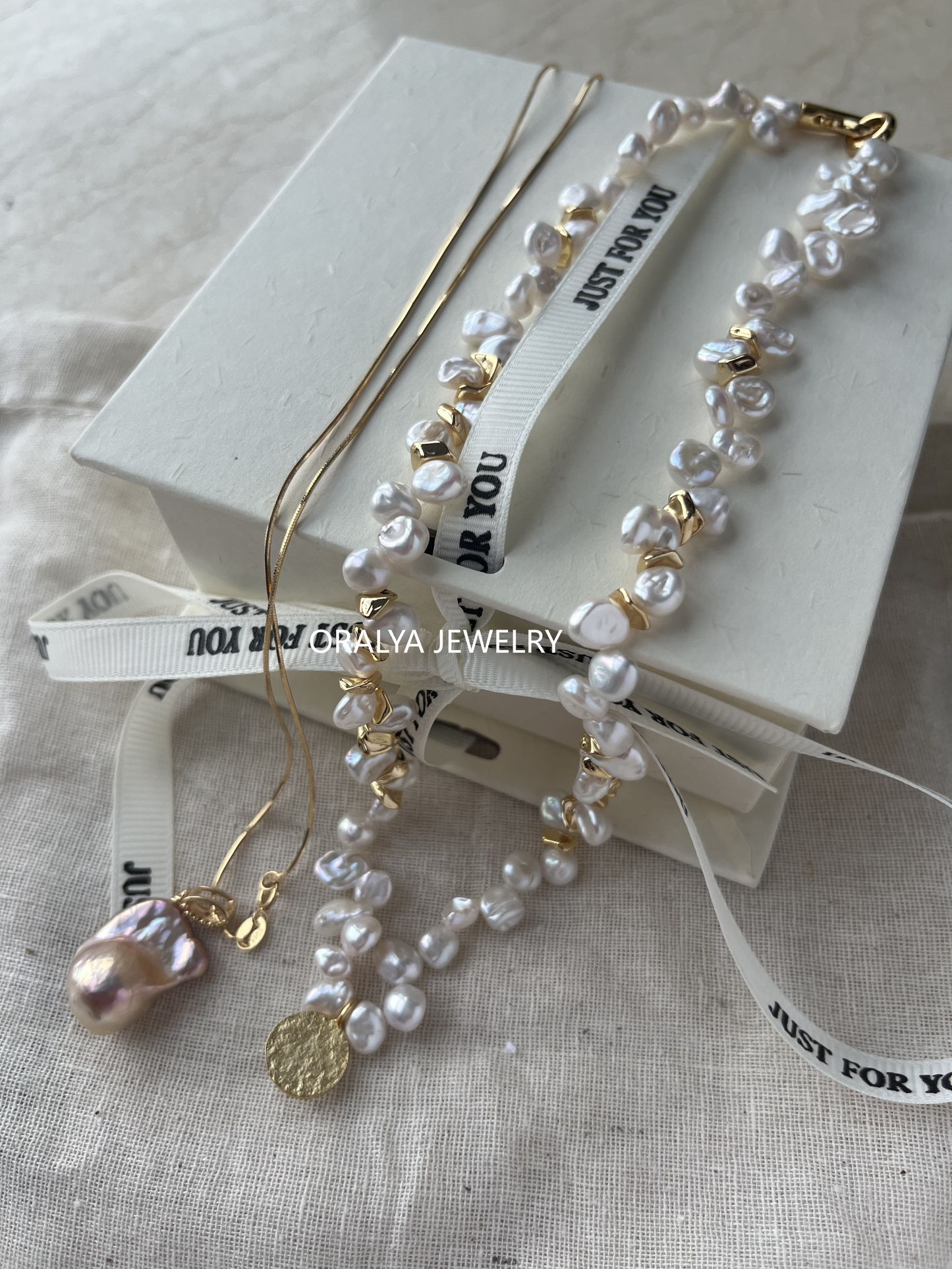 18K Gold Vermeil freshwarter Keshi Pearl Necklace with Copper Plates – 16.5 inches Chain, No Extender