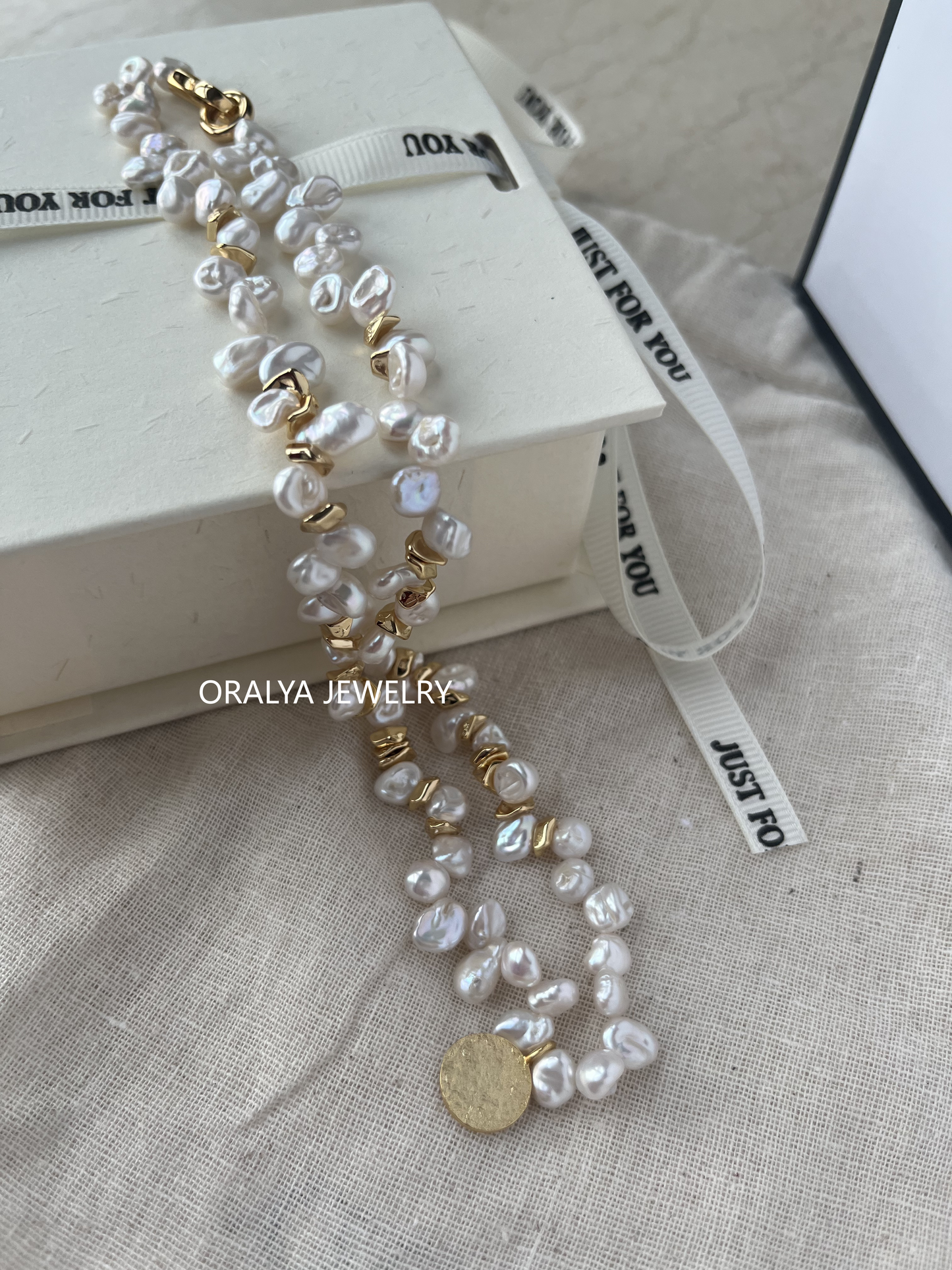 18K Gold Vermeil freshwarter Keshi Pearl Necklace with Copper Plates – 16.5 inches Chain, No Extender