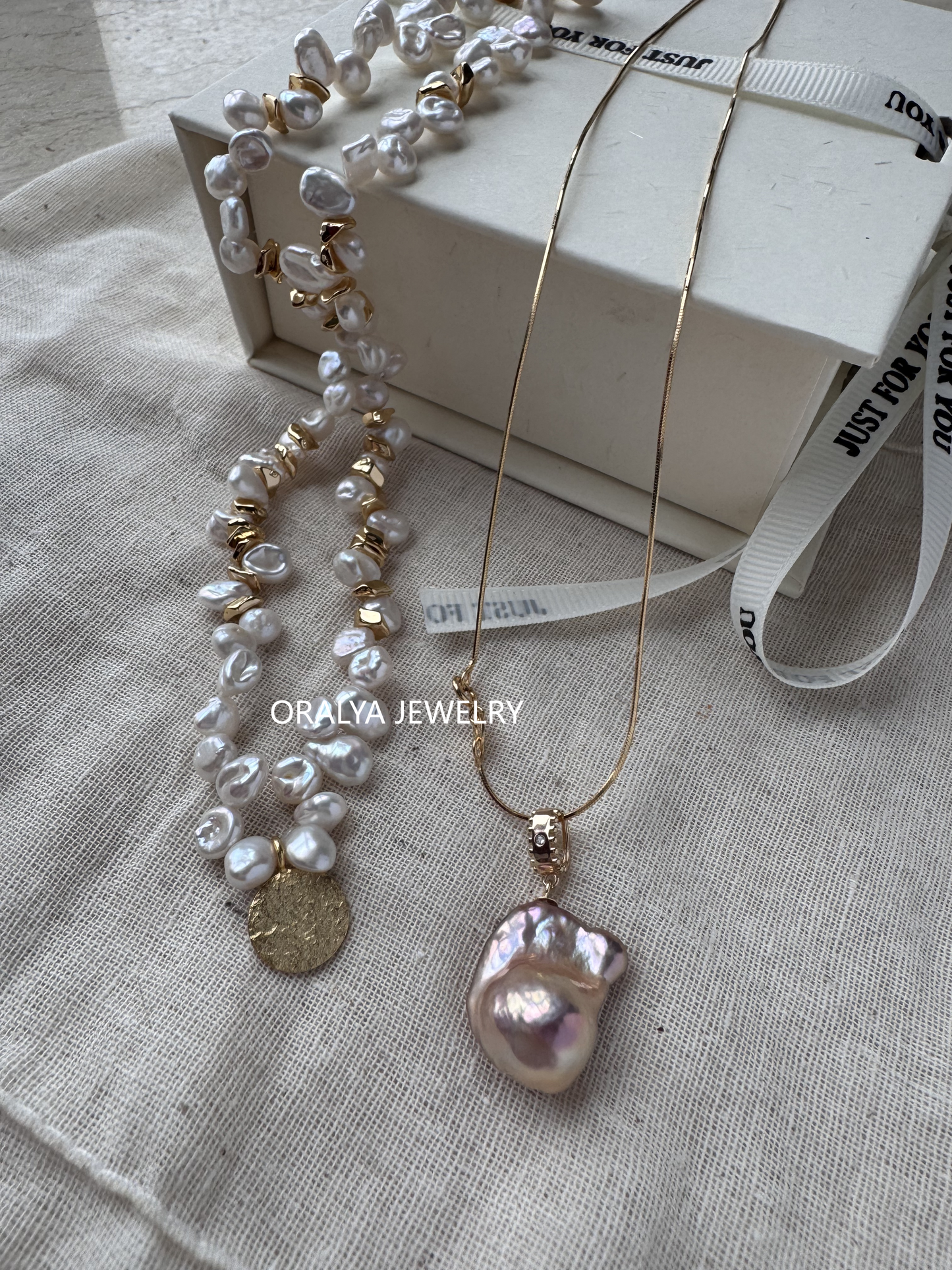 18K Gold Vermeil freshwarter Keshi Pearl Necklace with Copper Plates – 16.5 inches Chain, No Extender