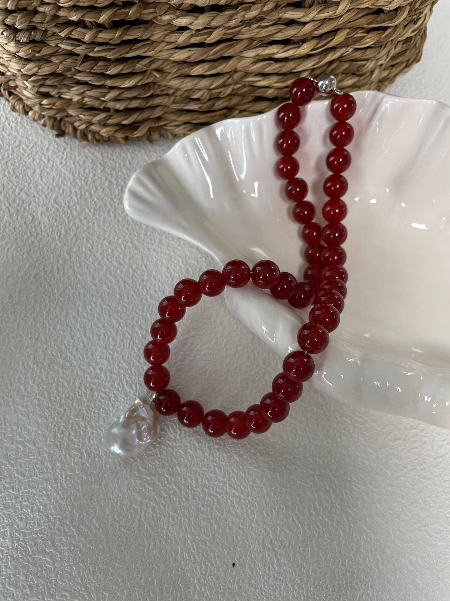 Natural Red Agate & Baroque Pearl Necklace | Handmade Minimalist Gemstone Jewelry