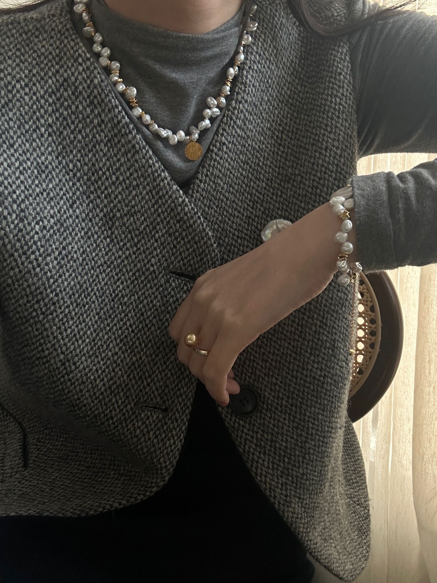 18K Gold Vermeil freshwarter Keshi Pearl Necklace with Copper Plates – 16.5 inches Chain, No Extender