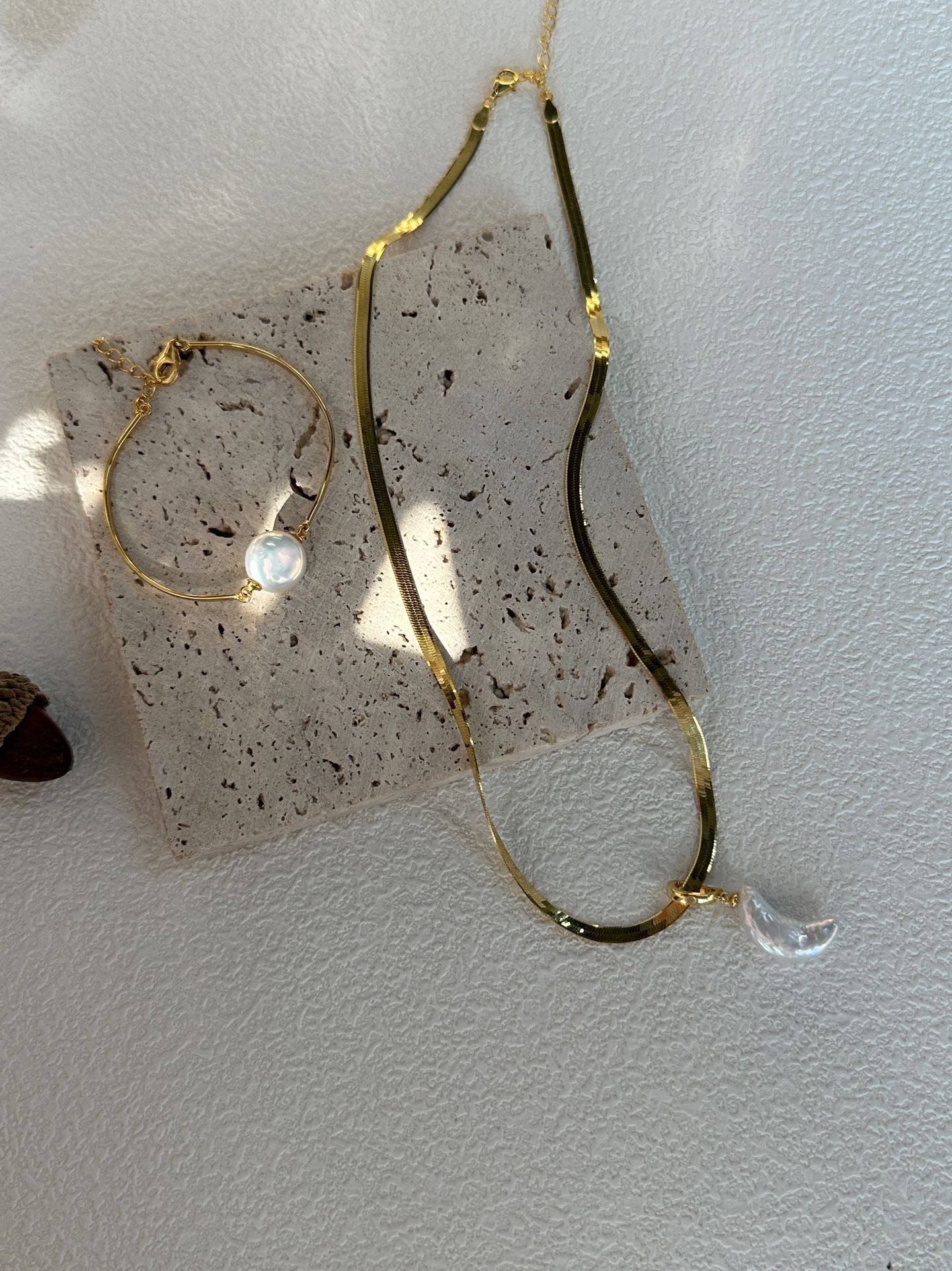 Moon-Shaped Baroque Pearl Pendant Necklace | Gold Flat Snake Chain | Detachable S925 Clasp | Elegant Artisan Jewelry