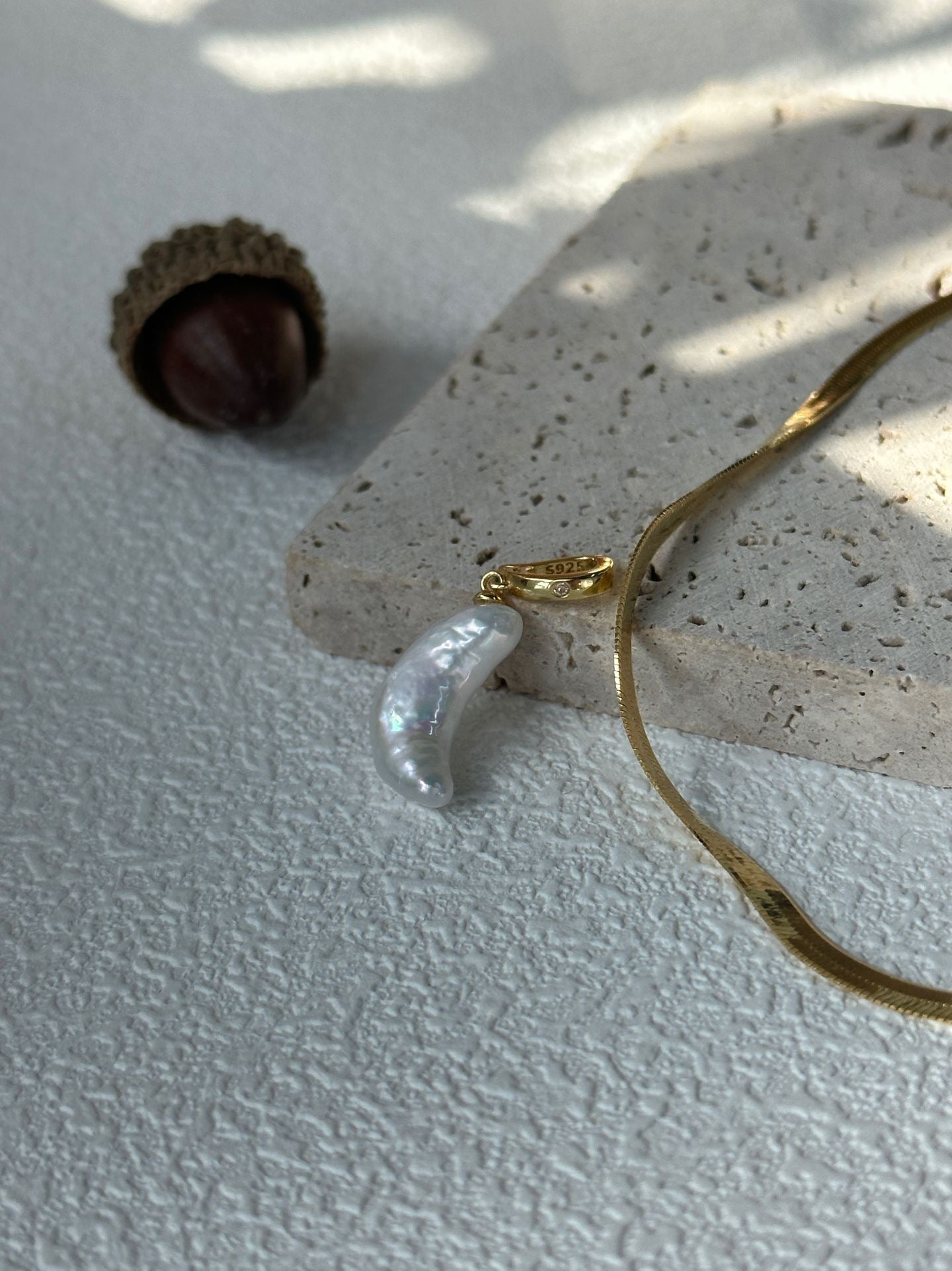 Moon-Shaped Baroque Pearl Pendant Necklace | Gold Flat Snake Chain | Detachable S925 Clasp | Elegant Artisan Jewelry