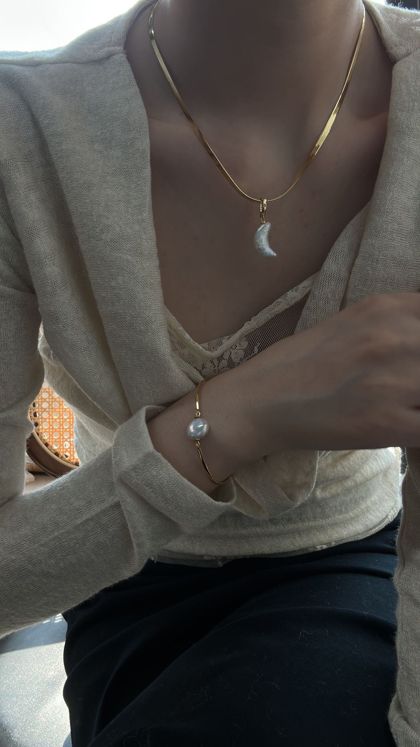 Moon-Shaped Baroque Pearl Pendant Necklace | Gold Flat Snake Chain | Detachable S925 Clasp | Elegant Artisan Jewelry