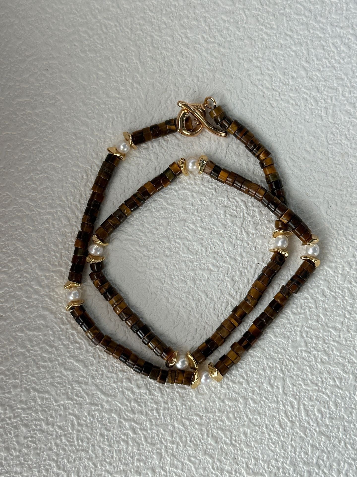 Caramel Tiger Eye & Pearl Necklace for Early Autumn | 16‘’ Adjustable | 18K Gold Vermeil Clasp & Copper Gold-Plated Accents