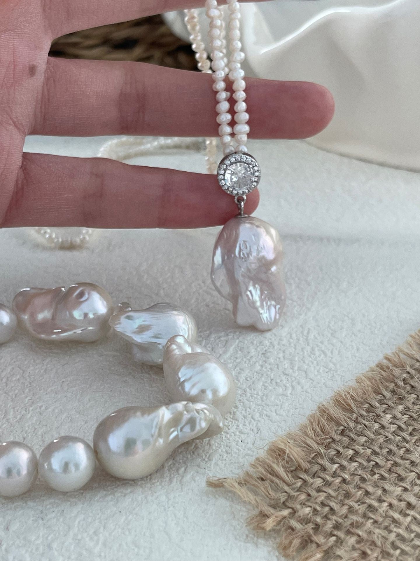 Elegant Freshwater Pearl & Zircon Pendant Necklace | 38+5cm | Solid Silver | Zircon Inlay