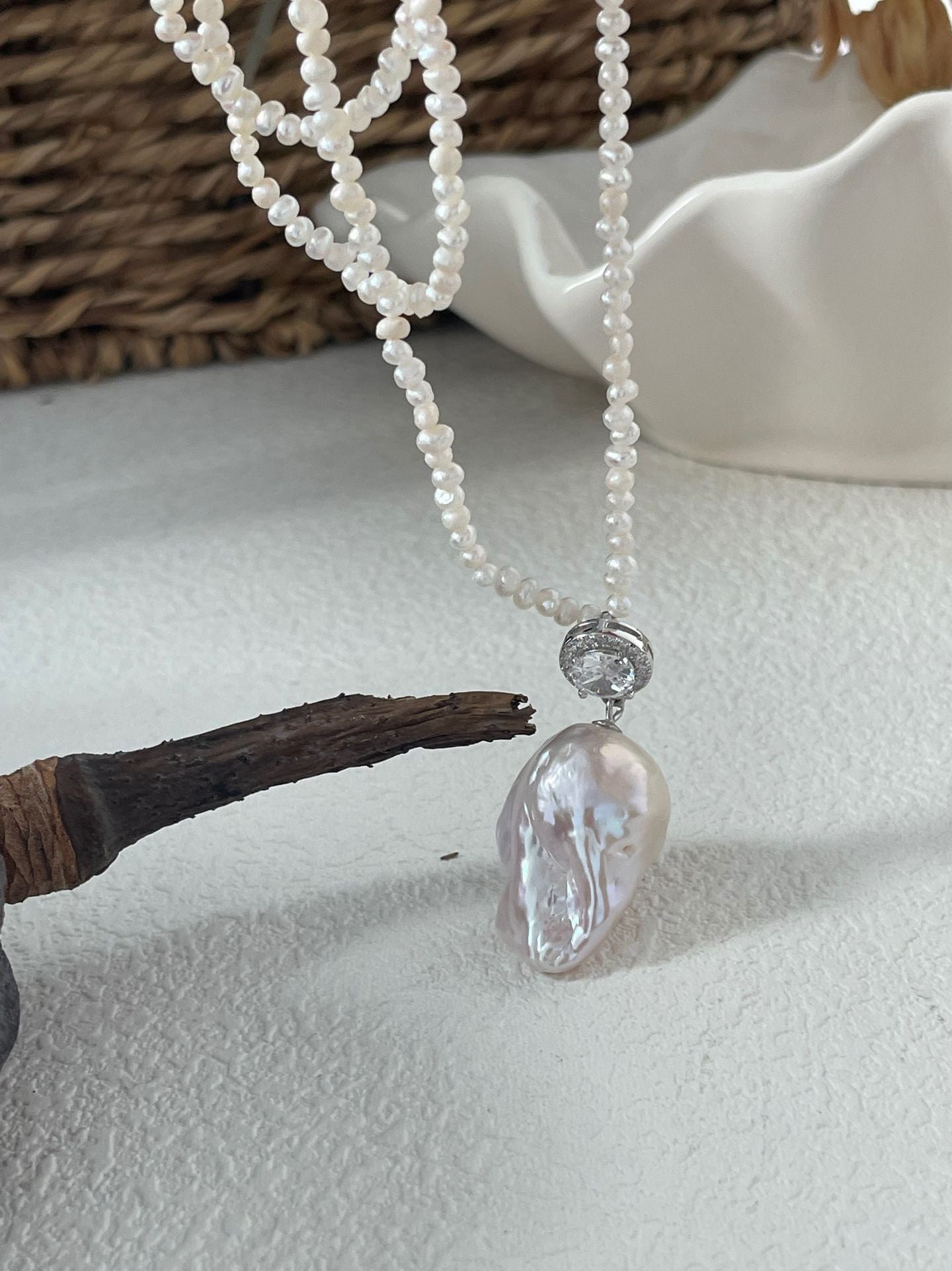 Elegant Freshwater Pearl & Zircon Pendant Necklace | 38+5cm | Solid Silver | Zircon Inlay