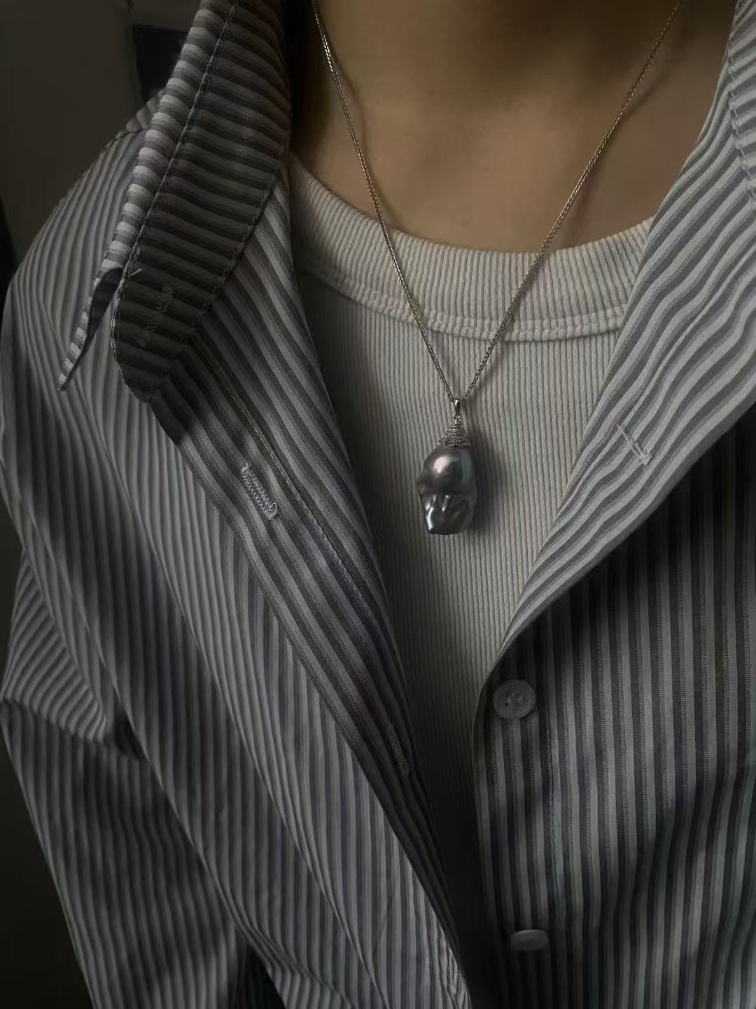 Gray Baroque Pearl Necklace | Silver-plated White Gold | 45cm+5cm Adjustable