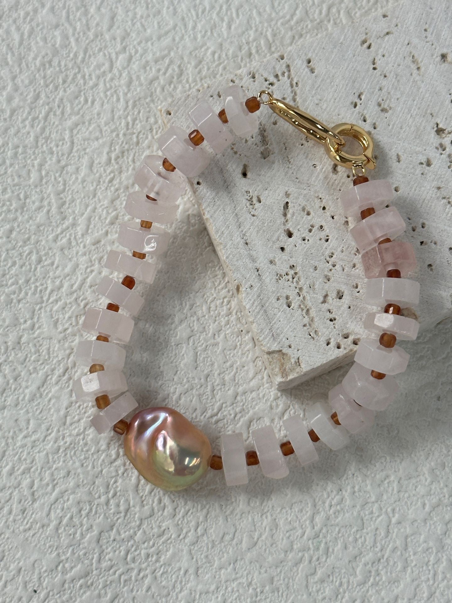 Rose Quartz & Colorful Baroque Bracelet | 18K Gold-plated Silver | 14.5-16cm