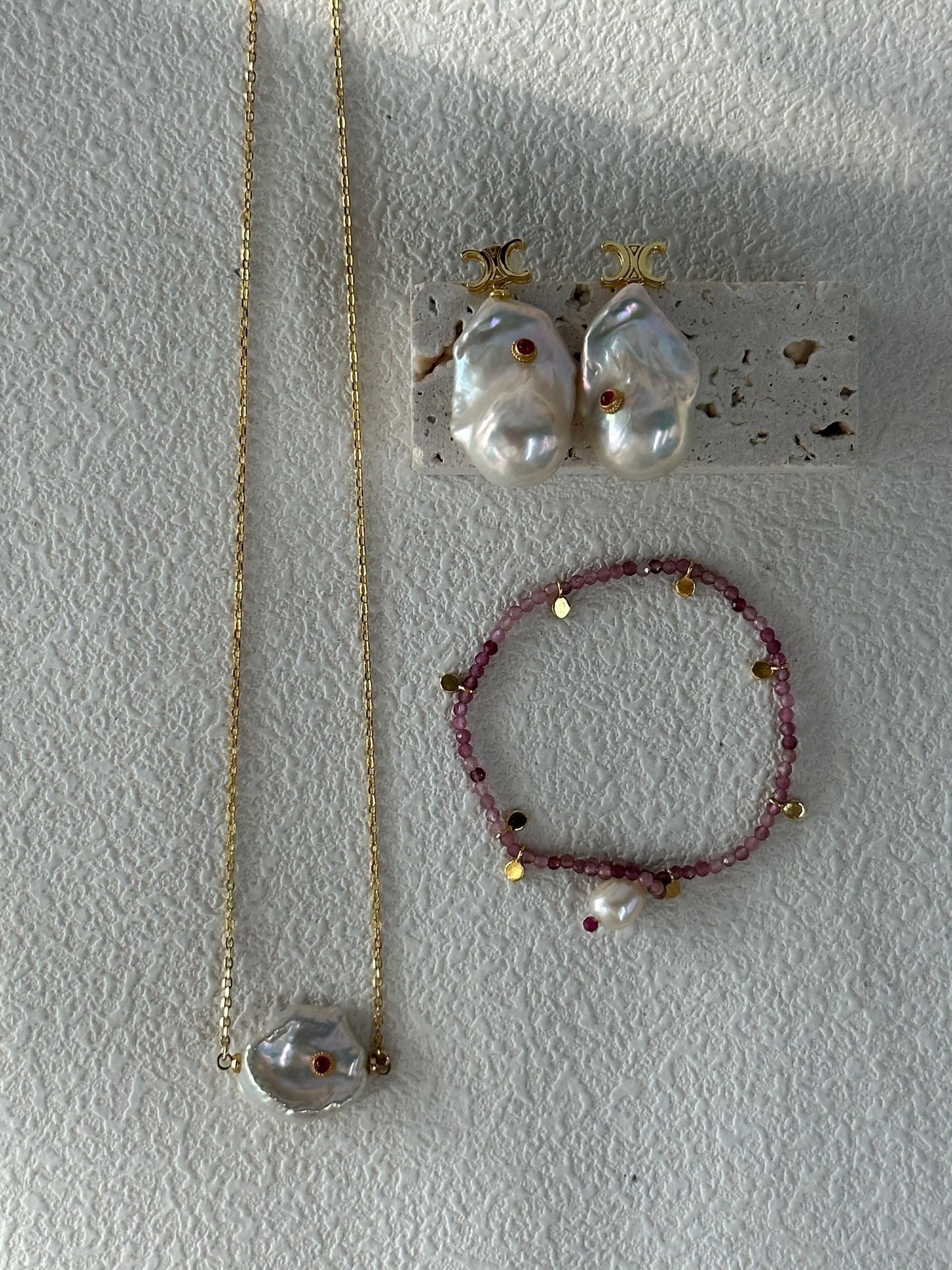 Petal Pearl Pendant Necklace with Ruby Inlay | 18K Gold-Plated Silver Chain