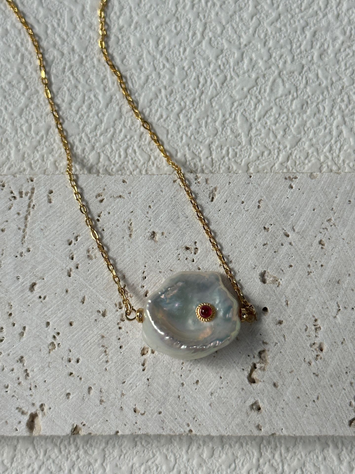 Petal Pearl Pendant Necklace with Ruby Inlay | 18K Gold-Plated Silver Chain