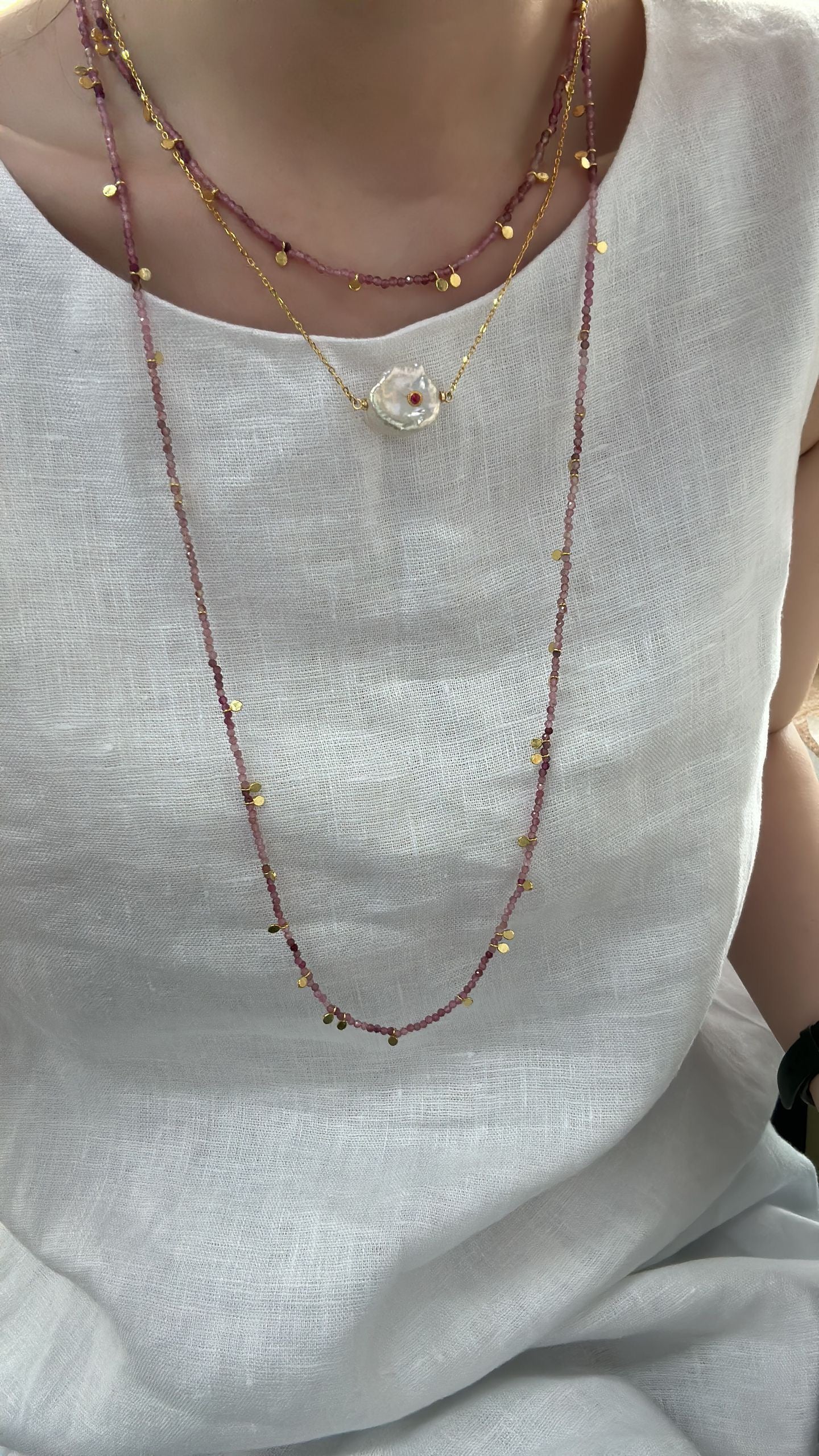 Petal Pearl Pendant Necklace with Ruby Inlay | 18K Gold-Plated Silver Chain