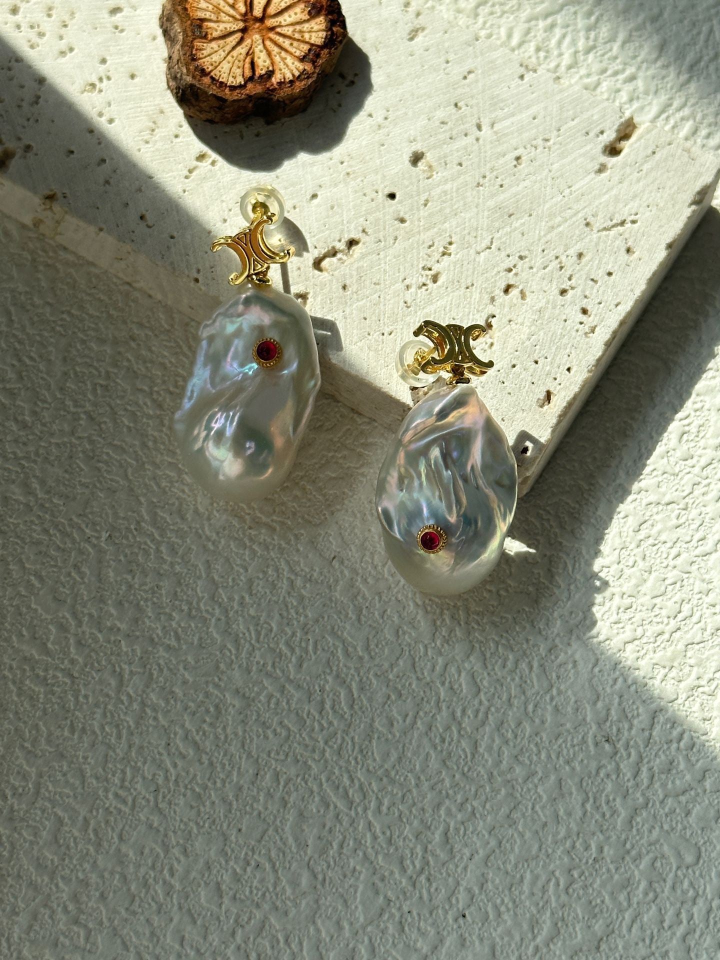 Ruby Inlaid Baroque Pearl Earrings | 18K Gold-Plated Silver