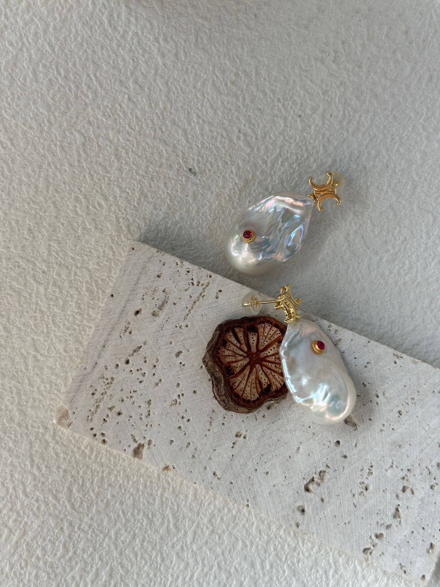 Ruby Inlaid Baroque Pearl Earrings | 18K Gold-Plated Silver
