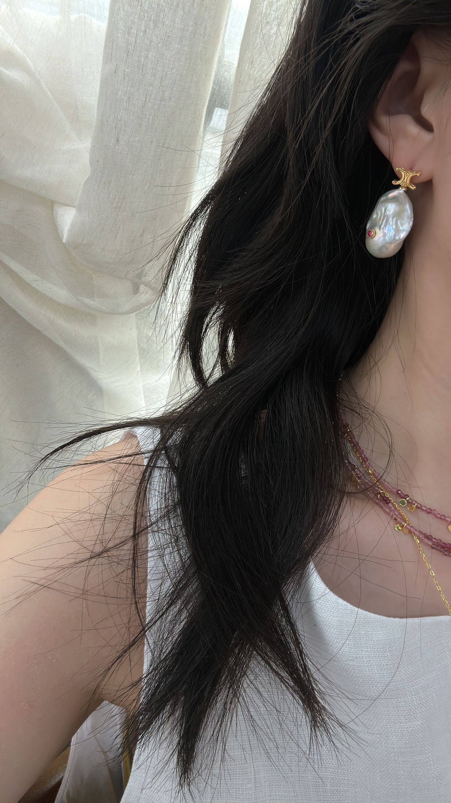 Ruby Inlaid Baroque Pearl Earrings | 18K Gold-Plated Silver