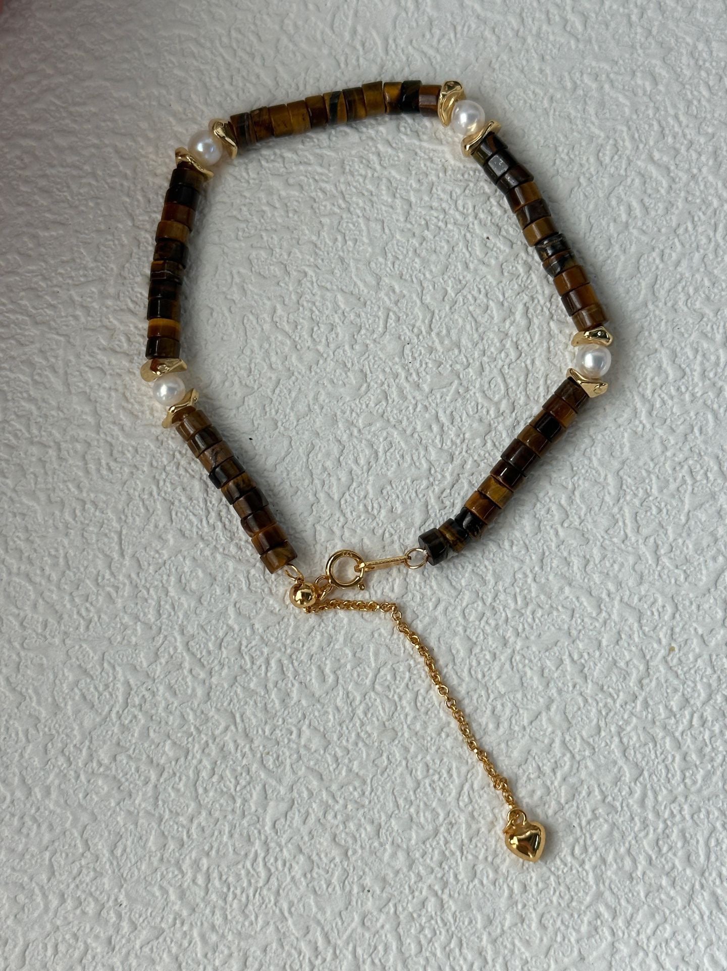 Caramel Tiger Eye & Pearl Bracelet | 14.5 + 5 cm Adjustable | Silver 18K Gold-Plated Clasp & Copper Gold-Plated Accents