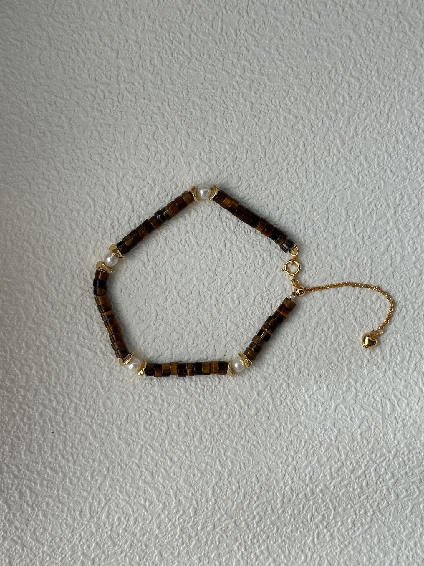 Caramel Tiger Eye & Pearl Bracelet | 14.5 + 5 cm Adjustable | Silver 18K Gold-Plated Clasp & Copper Gold-Plated Accents