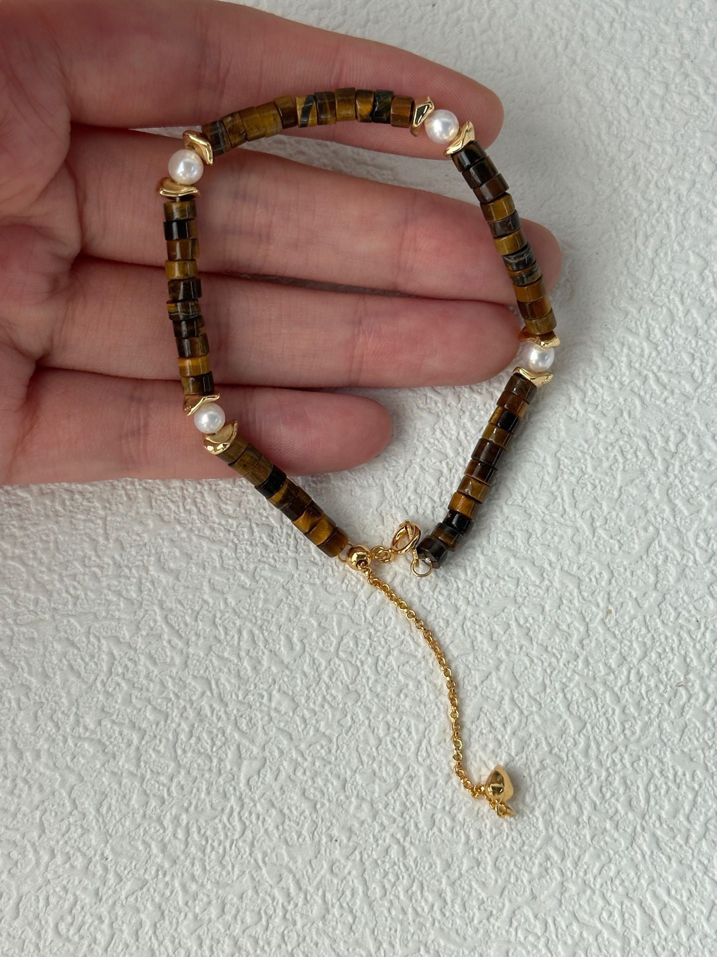 Caramel Tiger Eye & Pearl Bracelet | 14.5 + 5 cm Adjustable | Silver 18K Gold-Plated Clasp & Copper Gold-Plated Accents