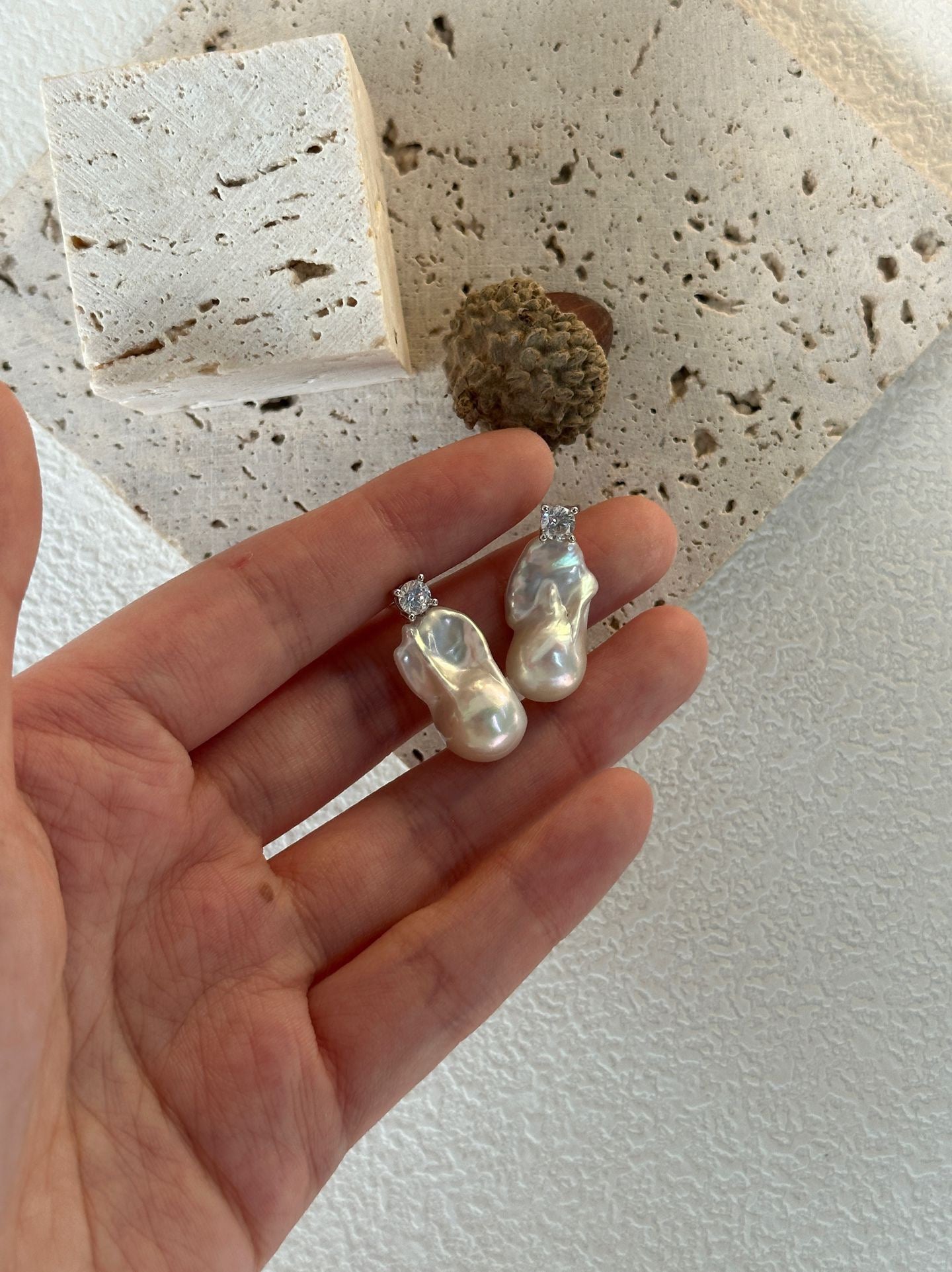 Princess Diana Inspired Earrings – Zircon with Iridescent Small Baroque Pearls
