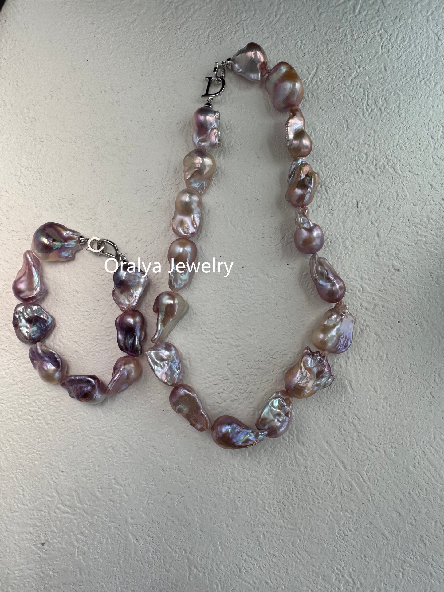 Purple Baroque Pearl Necklace 40cm – Large Natural Pearls with 925 Silver Zircon Clasp
