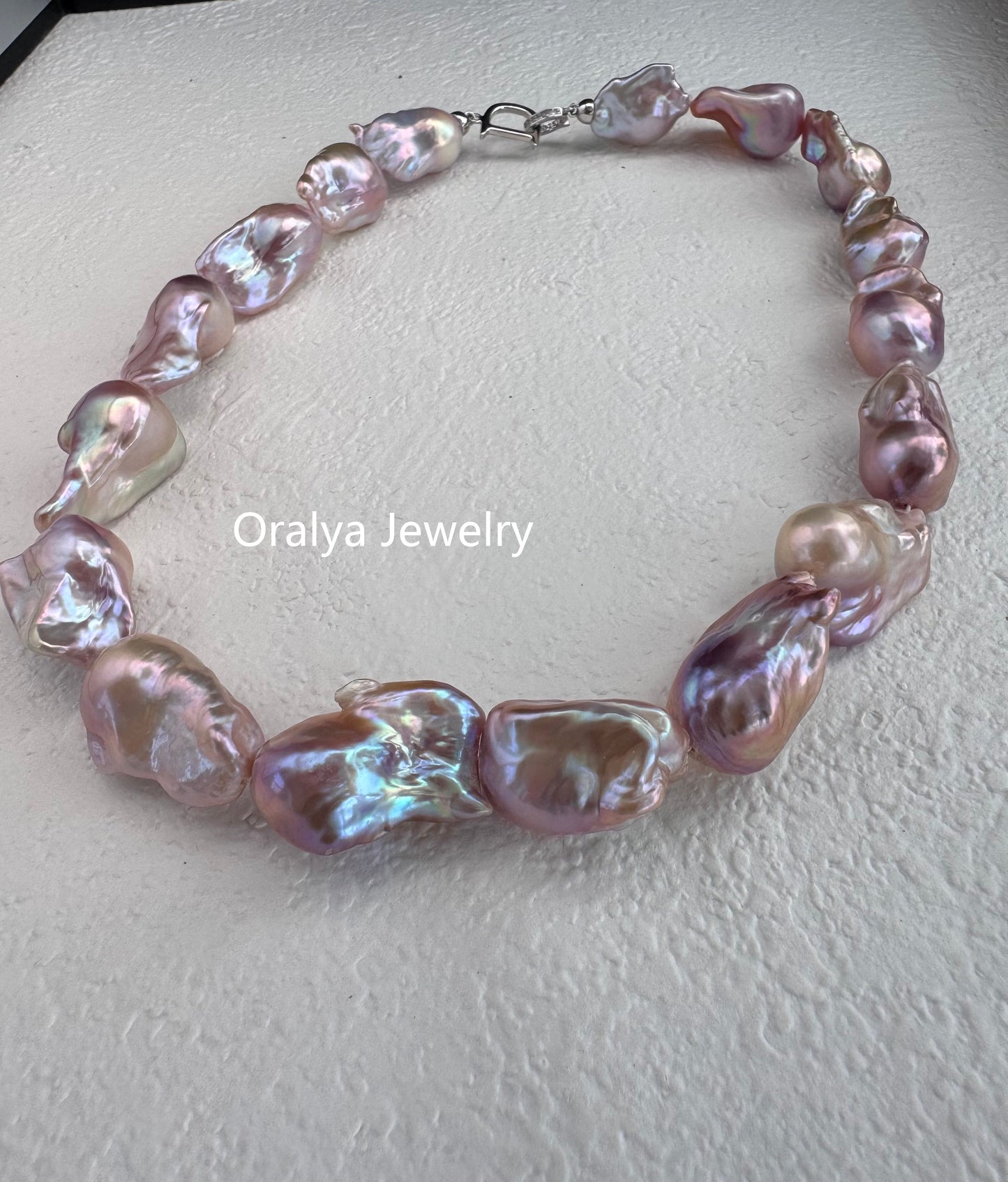 Purple Baroque Pearl Necklace 40cm – Large Natural Pearls with 925 Silver Zircon Clasp