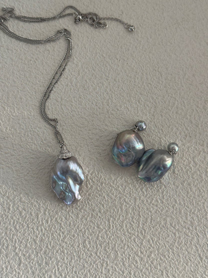 Gray Baroque Pearl Necklace | Silver-plated White Gold | 45cm+5cm Adjustable