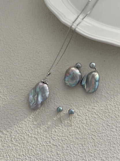 Gray Baroque Pearl Necklace | Silver-plated White Gold | 45cm+5cm Adjustable