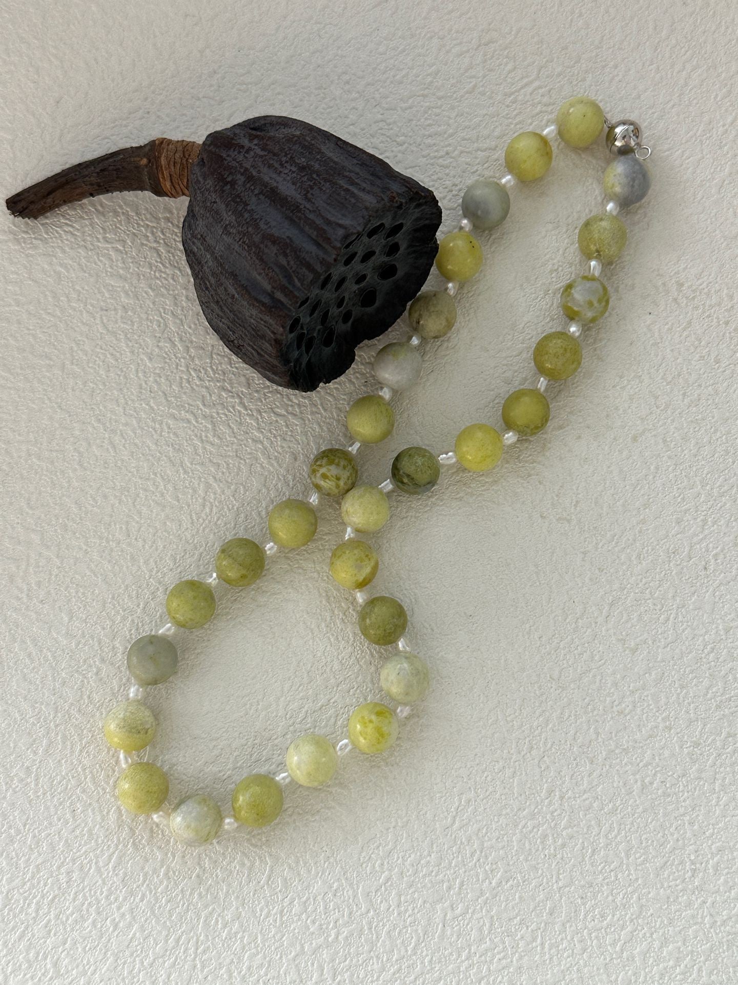 Natural Lemon Stone Necklace 10mm Beads with Seed Beads & Magnetic Silver Clasp – Symbol of Positivity & Energy