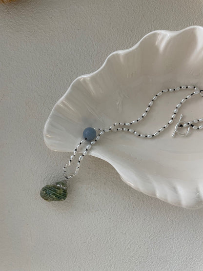 Natural Sea Shell & Blue Chalcedony Necklace – Handmade Seed Pearl Jewelry, Coastal Boho Style