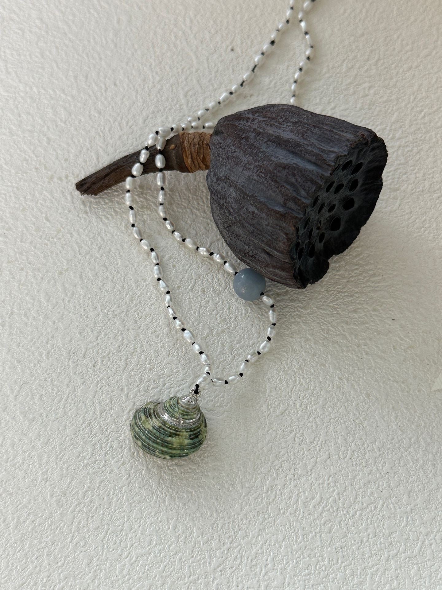 Natural Sea Shell & Blue Chalcedony Necklace – Handmade Seed Pearl Jewelry, Coastal Boho Style