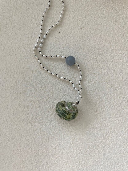 Natural Sea Shell & Blue Chalcedony Necklace – Handmade Seed Pearl Jewelry, Coastal Boho Style