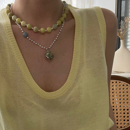 Natural Sea Shell & Blue Chalcedony Necklace – Handmade Seed Pearl Jewelry, Coastal Boho Style