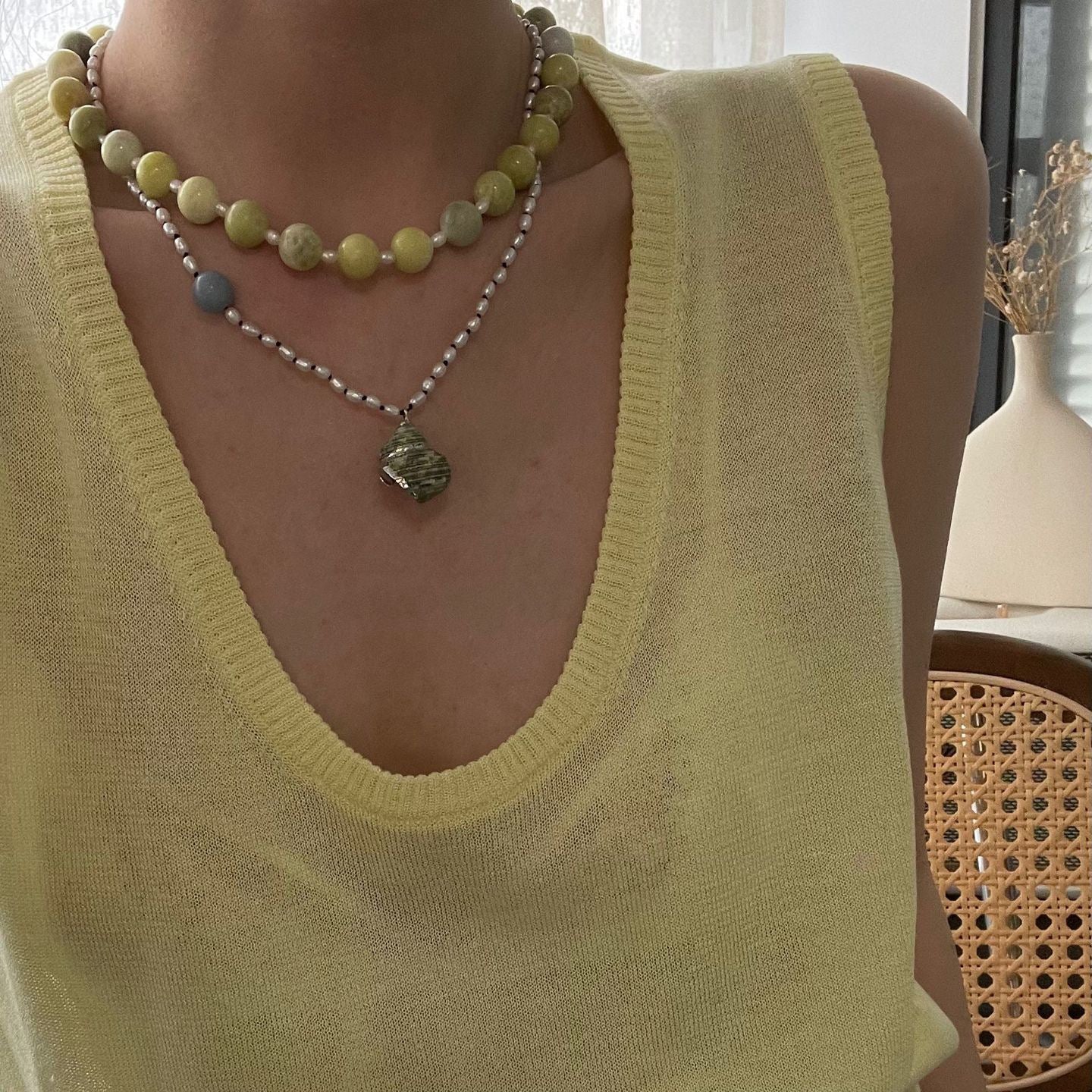 Natural Lemon Stone Necklace 10mm Beads with Seed Beads & Magnetic Silver Clasp – Symbol of Positivity & Energy