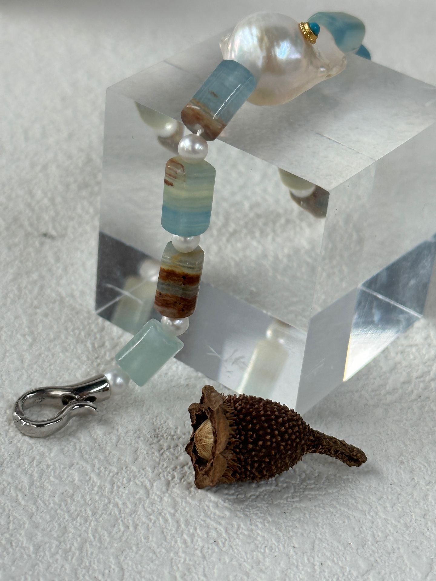 Baroque Pearl & Turquoise Inlay Bracelet with Natural Calcite | 925 Silver Clasp | Handmade Gemstone Jewelry