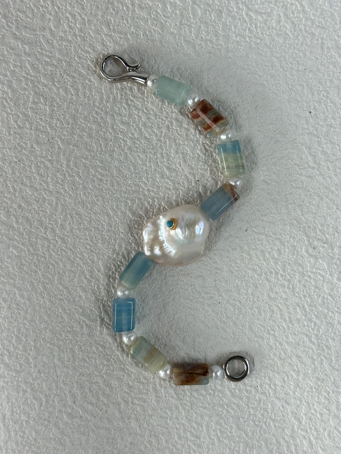 Baroque Pearl & Turquoise Inlay Bracelet with Natural Calcite | 925 Silver Clasp | Handmade Gemstone Jewelry