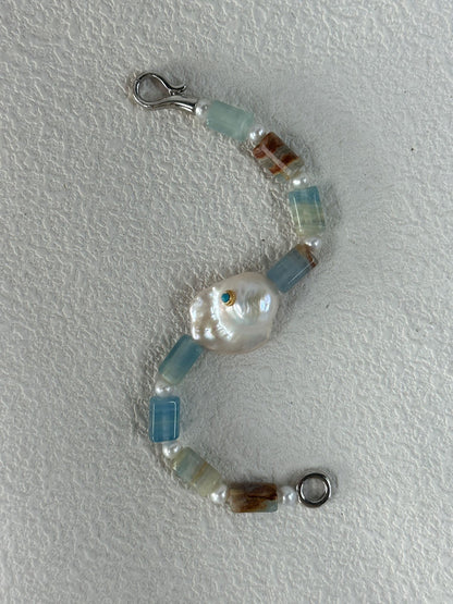 Baroque Pearl & Turquoise Inlay Bracelet with Natural Calcite | 925 Silver Clasp | Handmade Gemstone Jewelry