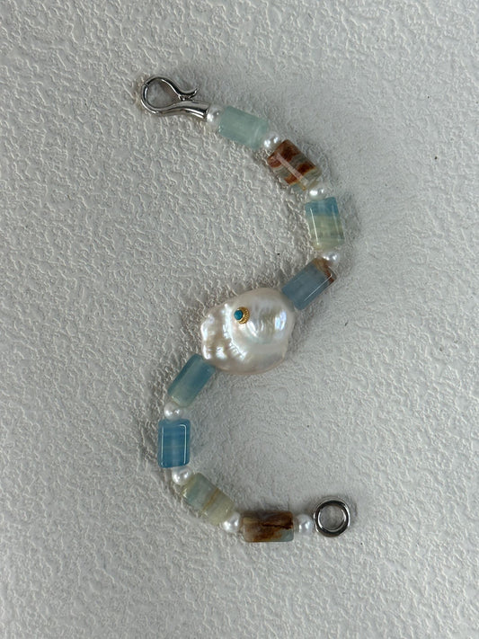 Baroque Pearl & Turquoise Inlay Bracelet with Natural Calcite | 925 Silver Clasp | Handmade Gemstone Jewelry