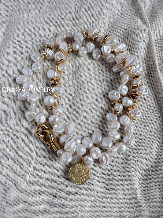 18K Gold Vermeil freshwarter Keshi Pearl Necklace with Copper Plates – 16.5 inches Chain, No Extender