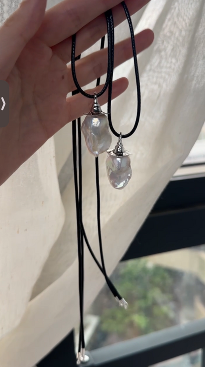 Hat-Shaped Baroque Pearl Necklace | 65 cm Leather Cord | 925 Sterling Silver