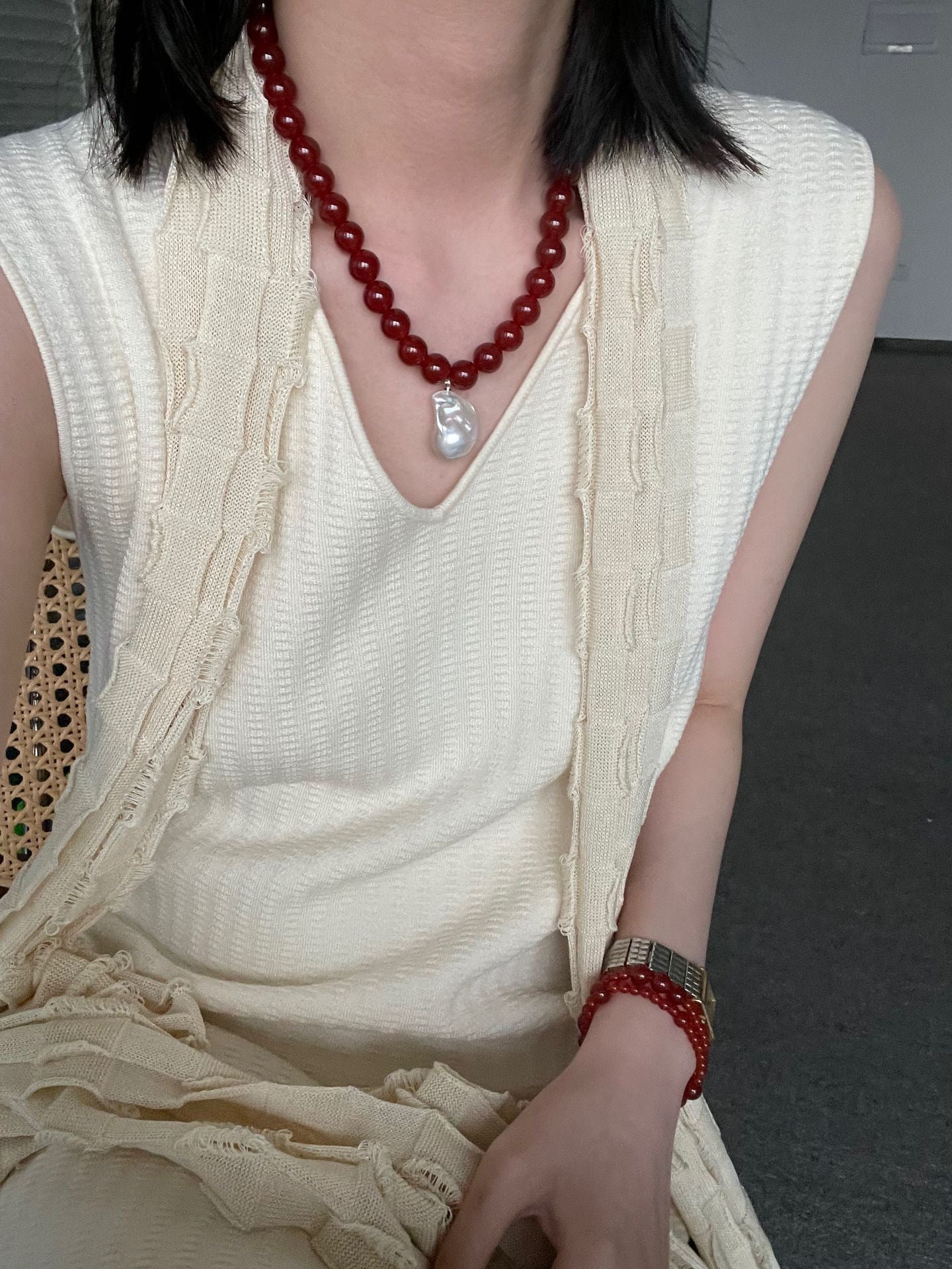 Natural Red Agate & Baroque Pearl Necklace | Handmade Minimalist Gemstone Jewelry