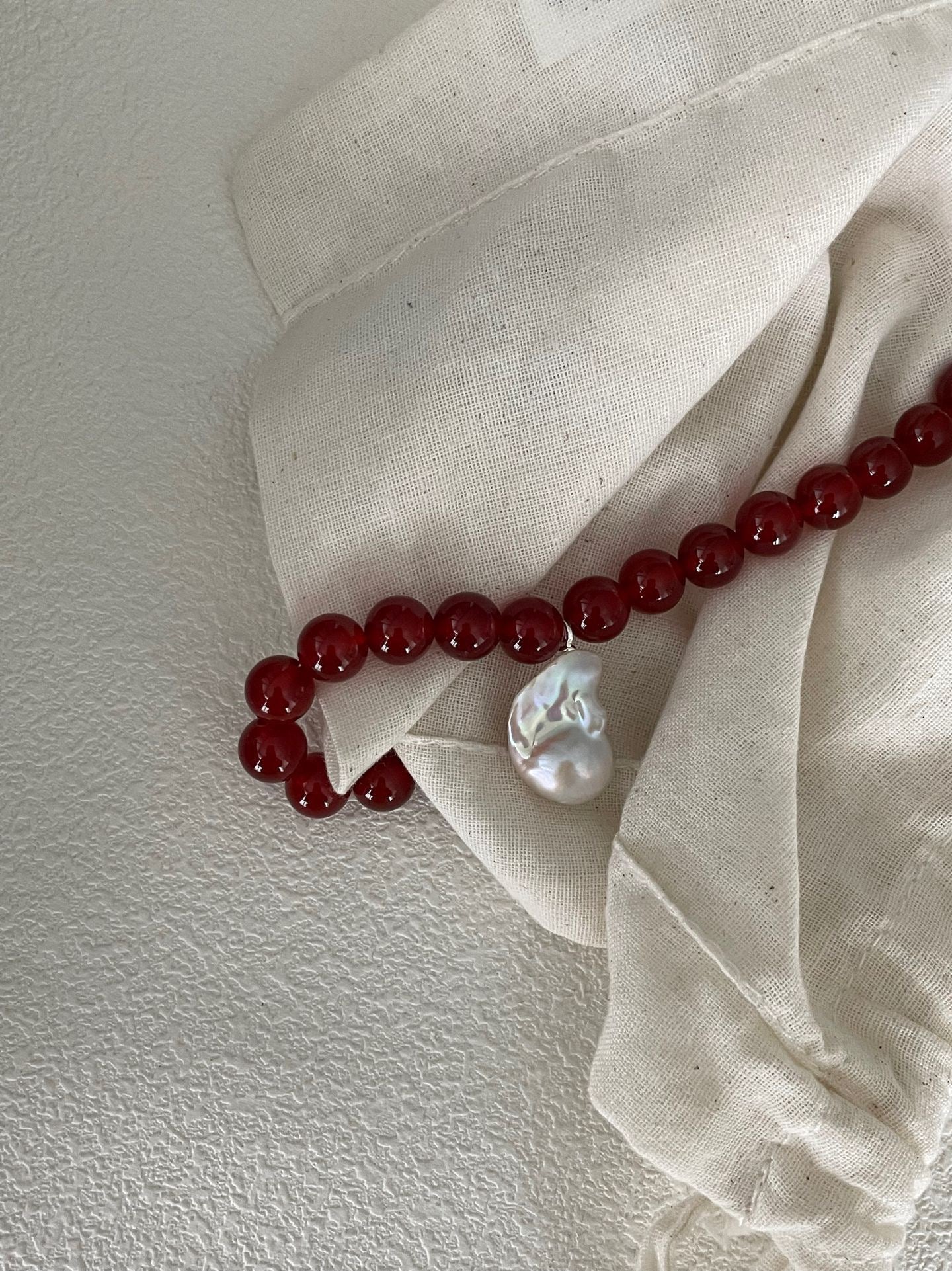 Natural Red Agate & Baroque Pearl Necklace | Handmade Minimalist Gemstone Jewelry