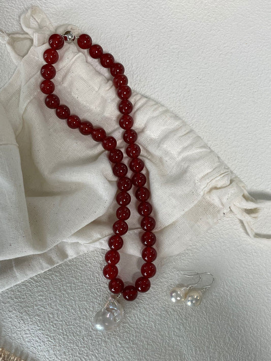 Natural Red Agate & Baroque Pearl Necklace | Handmade Minimalist Gemstone Jewelry