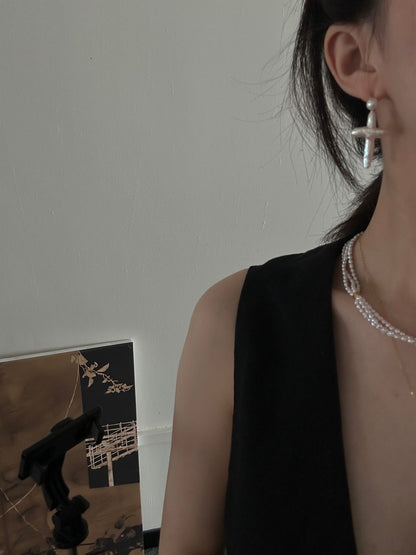 Sterling Silver Baroque Pearl Cross Earrings