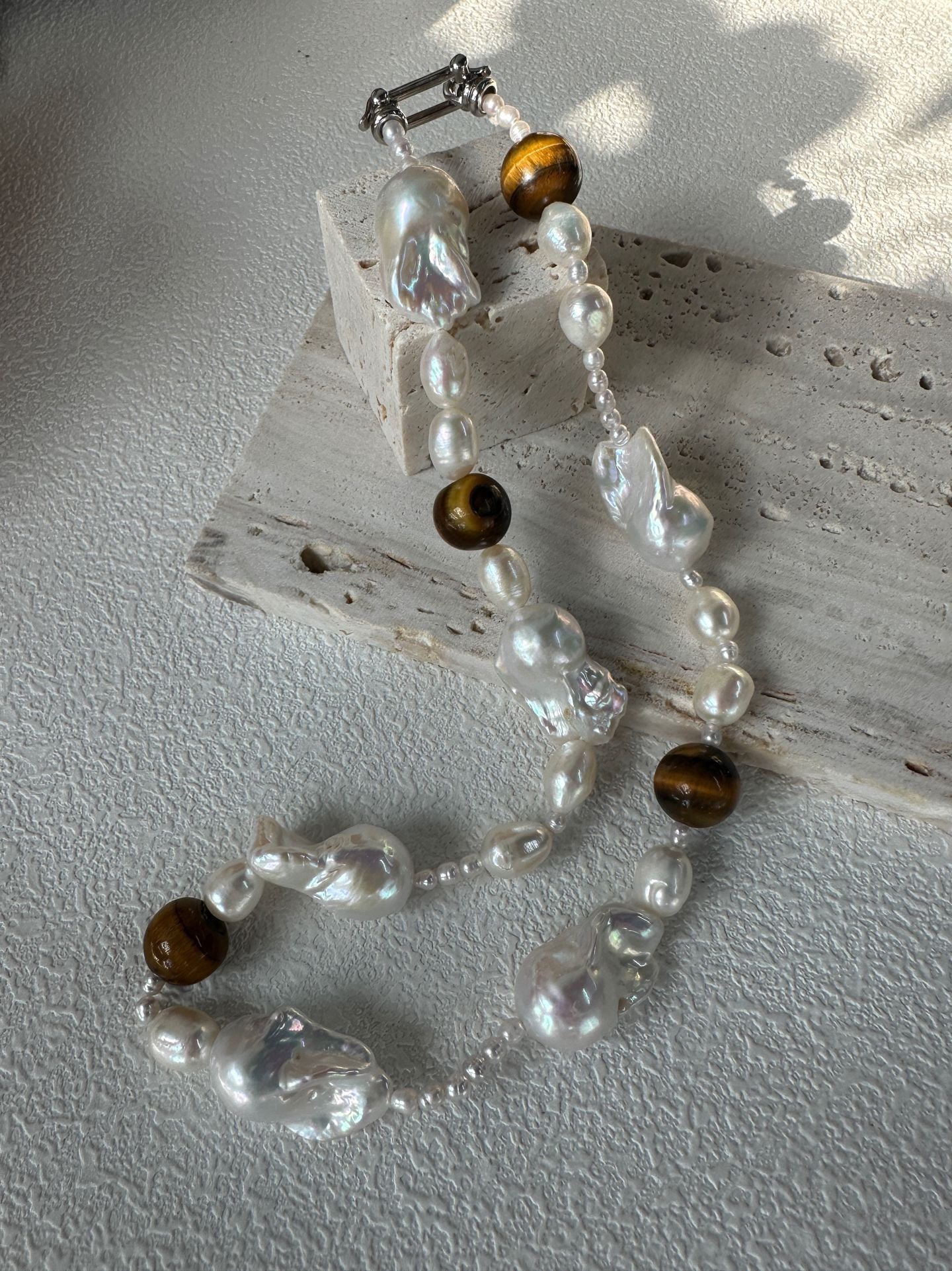 Unique Baroque Pearl & Tiger’s Eye Necklace | Sterling Silver Clasp & Cord String