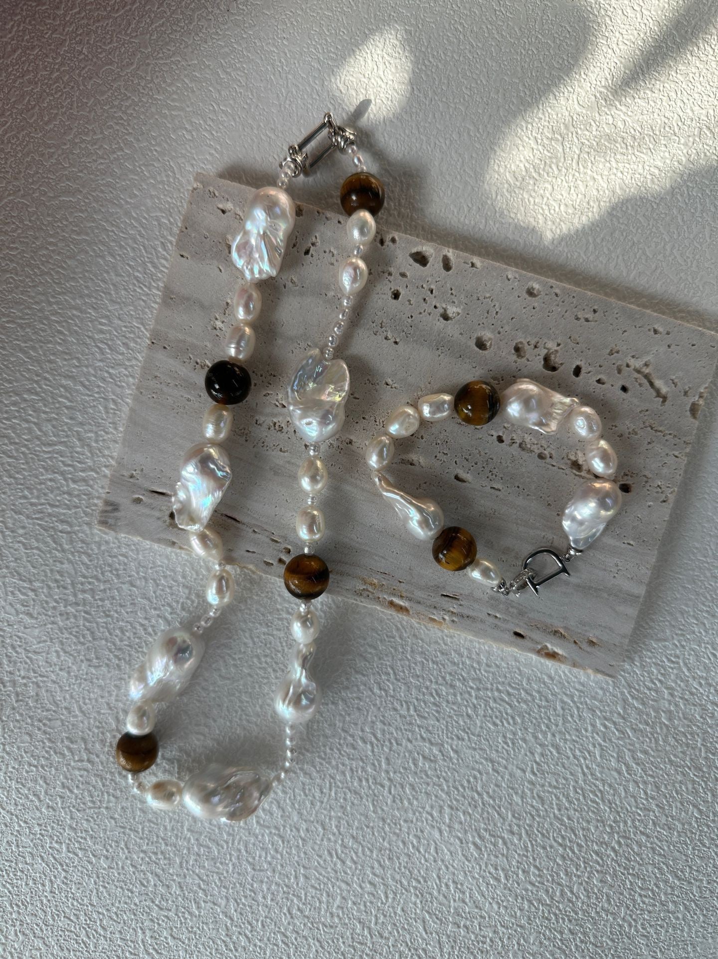 Unique Baroque Pearl & Tiger’s Eye Necklace | Sterling Silver Clasp & Cord String