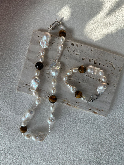Unique Baroque Pearl & Tiger’s Eye Necklace | Sterling Silver Clasp & Cord String
